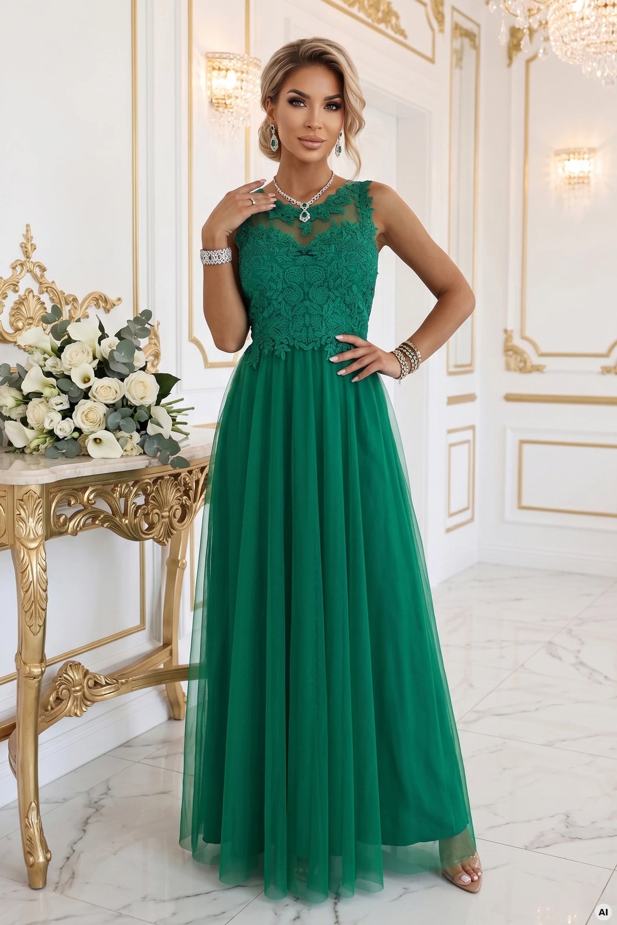 672-3 Rochie maxi romantică pentru nuntă cu dantelă brodată și tul - verde
