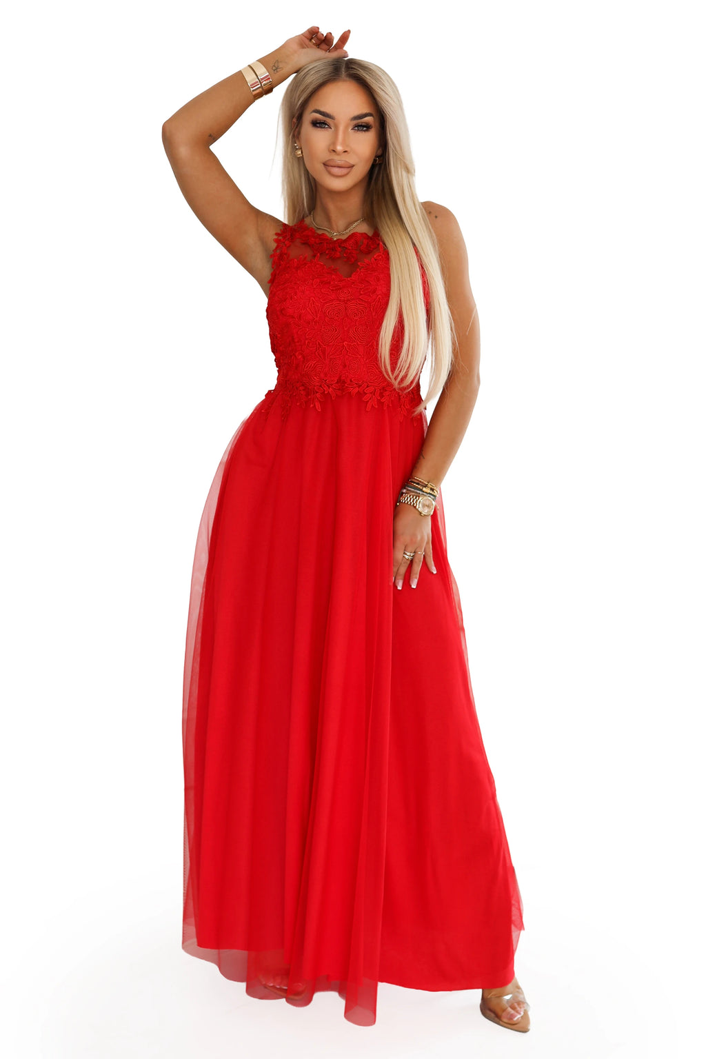 672-5 Rochie maxi romantică pentru nuntă cu dantelă brodată și tul - roșie
