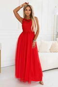 672-5 Rochie maxi romantică pentru nuntă cu dantelă brodată și tul - roșie