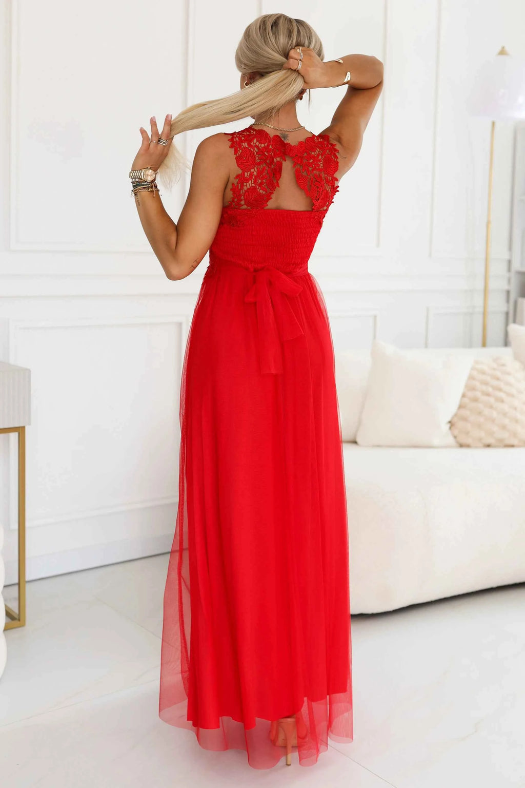 672-5 Rochie maxi romantică pentru nuntă cu dantelă brodată și tul - roșie