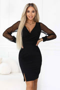 674-1 Rochie eleganta mulata cu decolteu petrecut, maneci din tul si crestatura - neagra