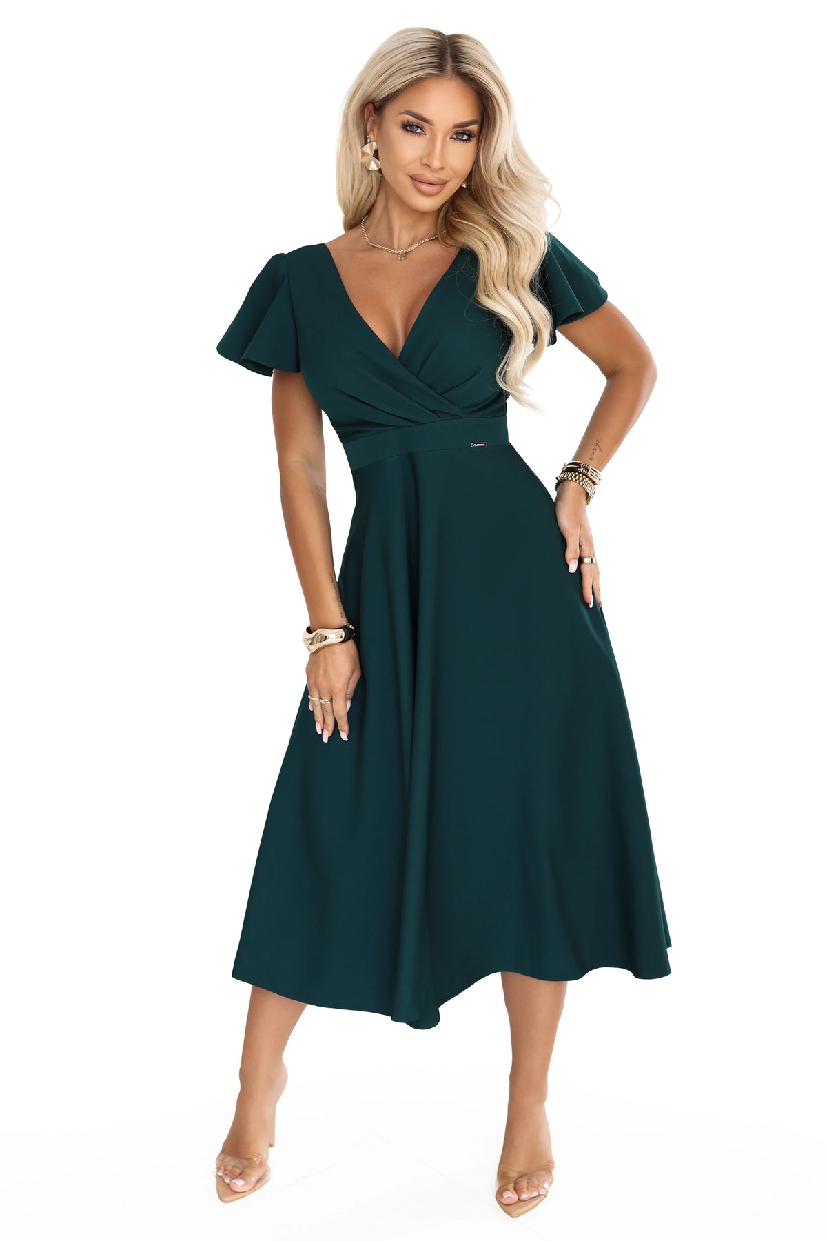 675-2 Rochie midi evazată cu decolteu petrecut și mânecă scurtă - verde
