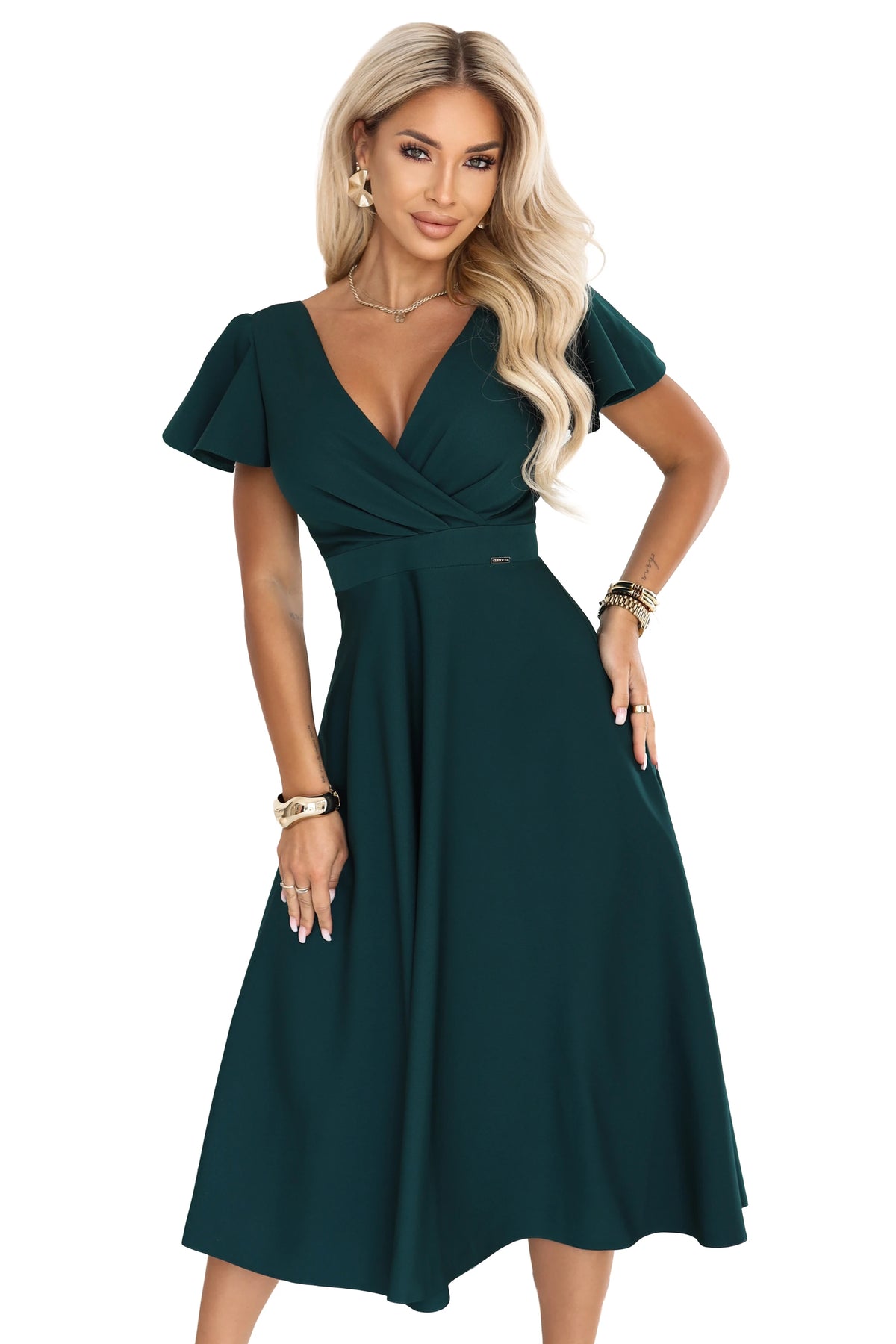 675-2 Rochie midi evazată cu decolteu petrecut și mânecă scurtă - verde