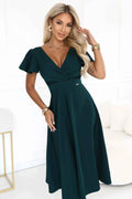 675-2 Rochie midi evazată cu decolteu petrecut și mânecă scurtă - verde