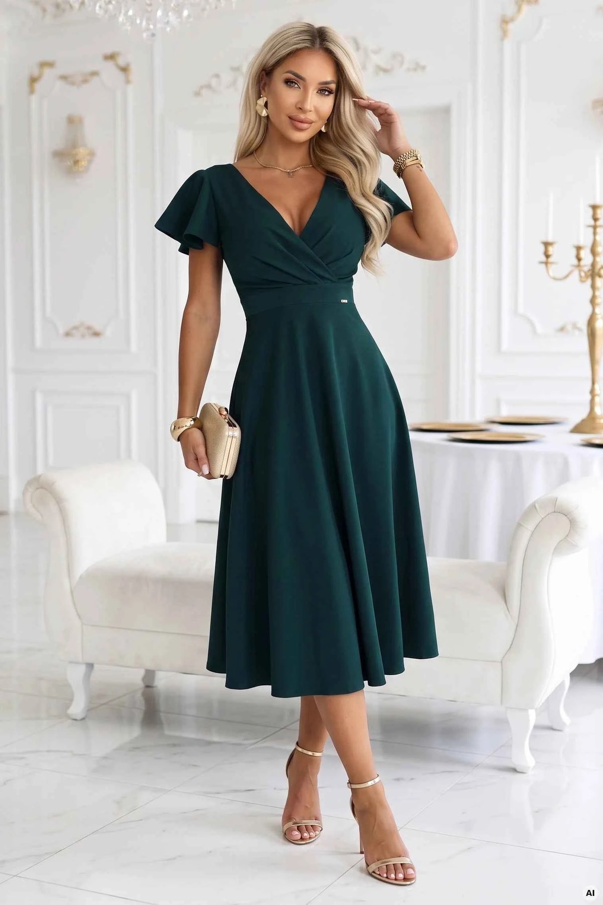 675-2 Rochie midi evazată cu decolteu petrecut și mânecă scurtă - verde