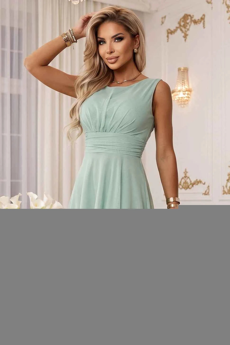 676-4 Rochie de nuntă cu strat de tul și talie accentuată - fistic