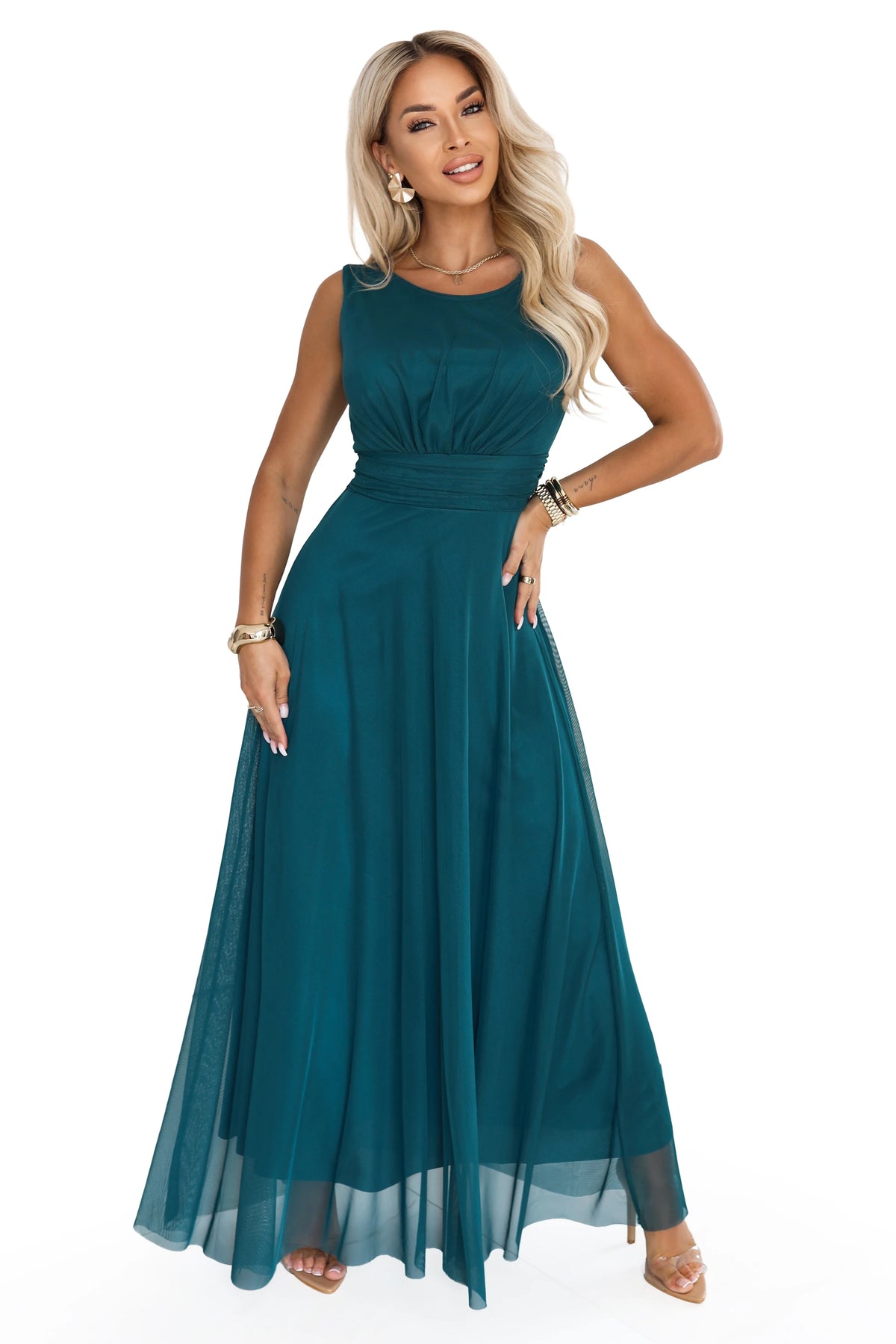 678-2 ELIRA Rochie maxi lungă din tul cu decolteu rotund - verde sticlă