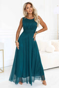 678-2 ELIRA Rochie maxi lungă din tul cu decolteu rotund - verde sticlă