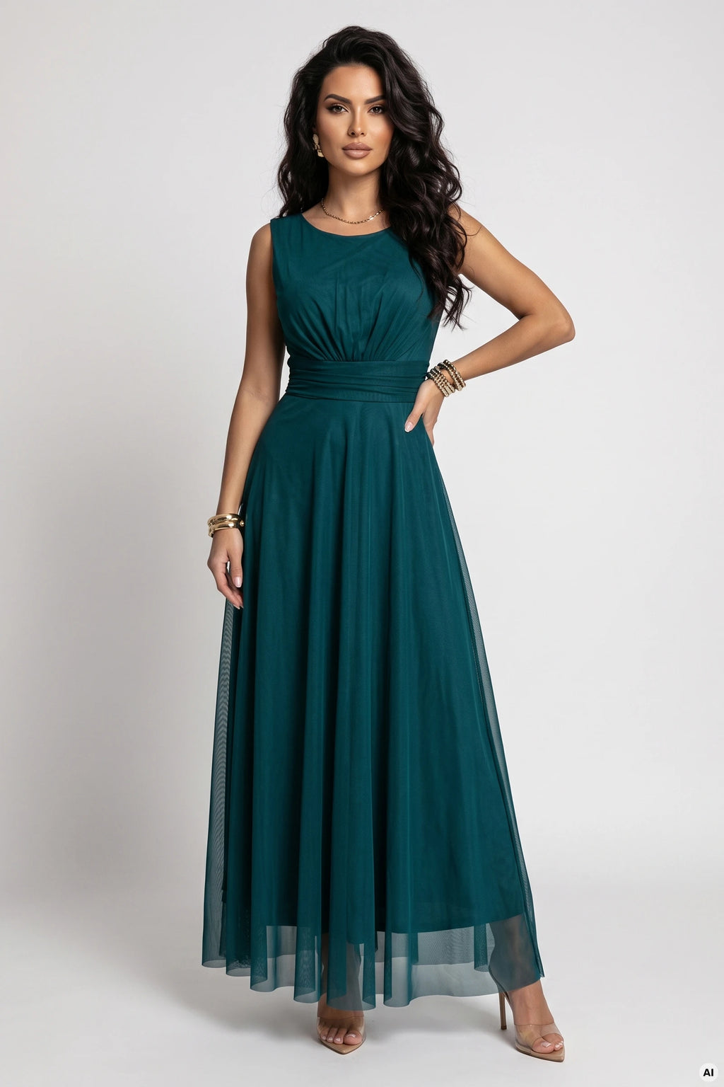 678-2 ELIRA Rochie maxi lungă din tul cu decolteu rotund - verde sticlă