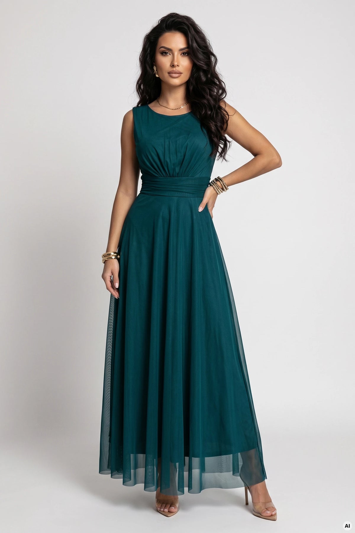 678-2 ELIRA Rochie maxi lungă din tul cu decolteu rotund - verde sticlă