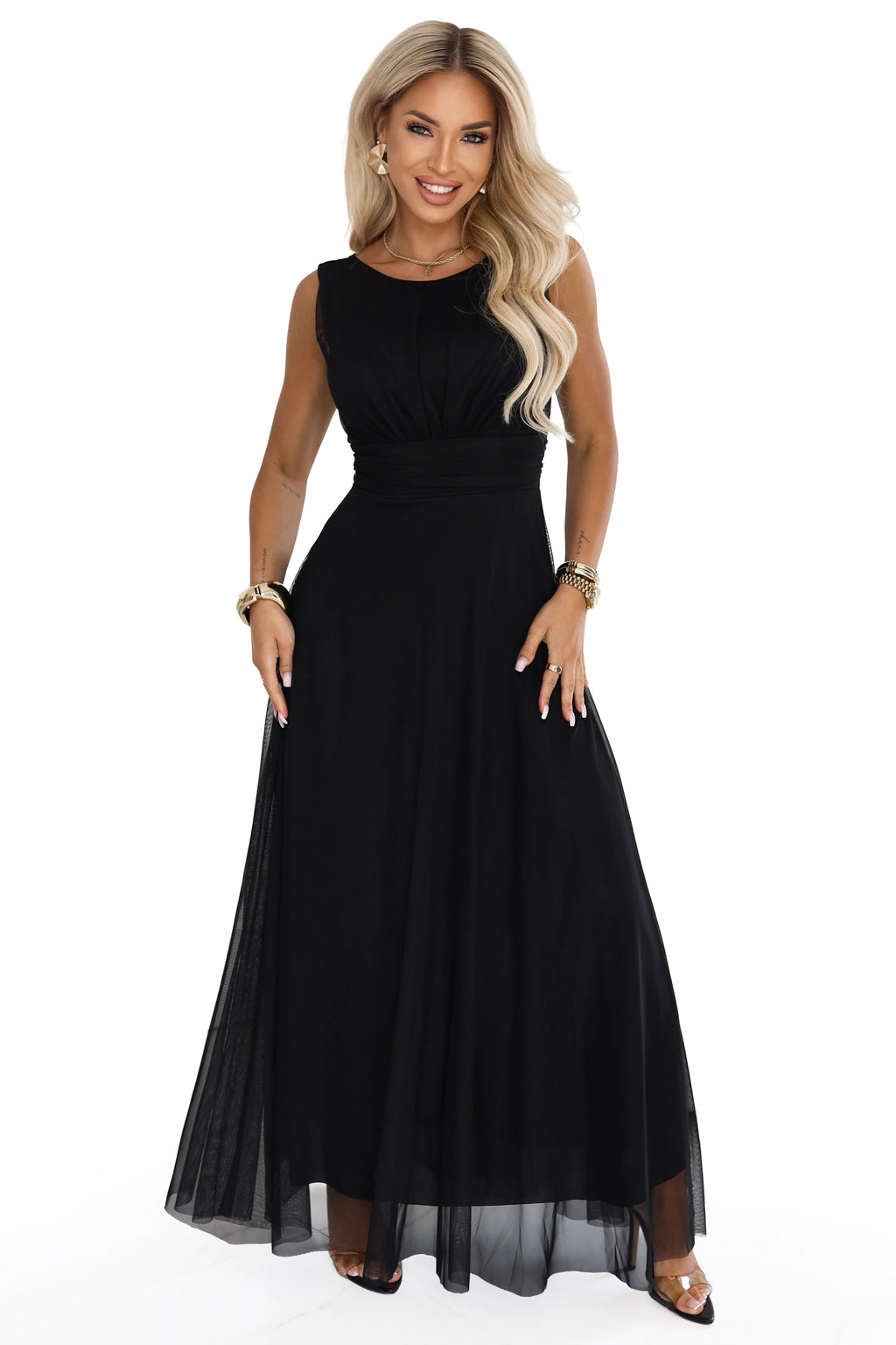 678-3 ELIRA Rochie maxi lungă din tul cu decolteu rotund - negru