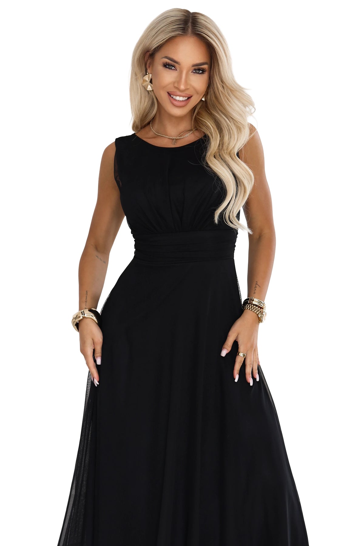 678-3 ELIRA Rochie maxi lungă din tul cu decolteu rotund - negru