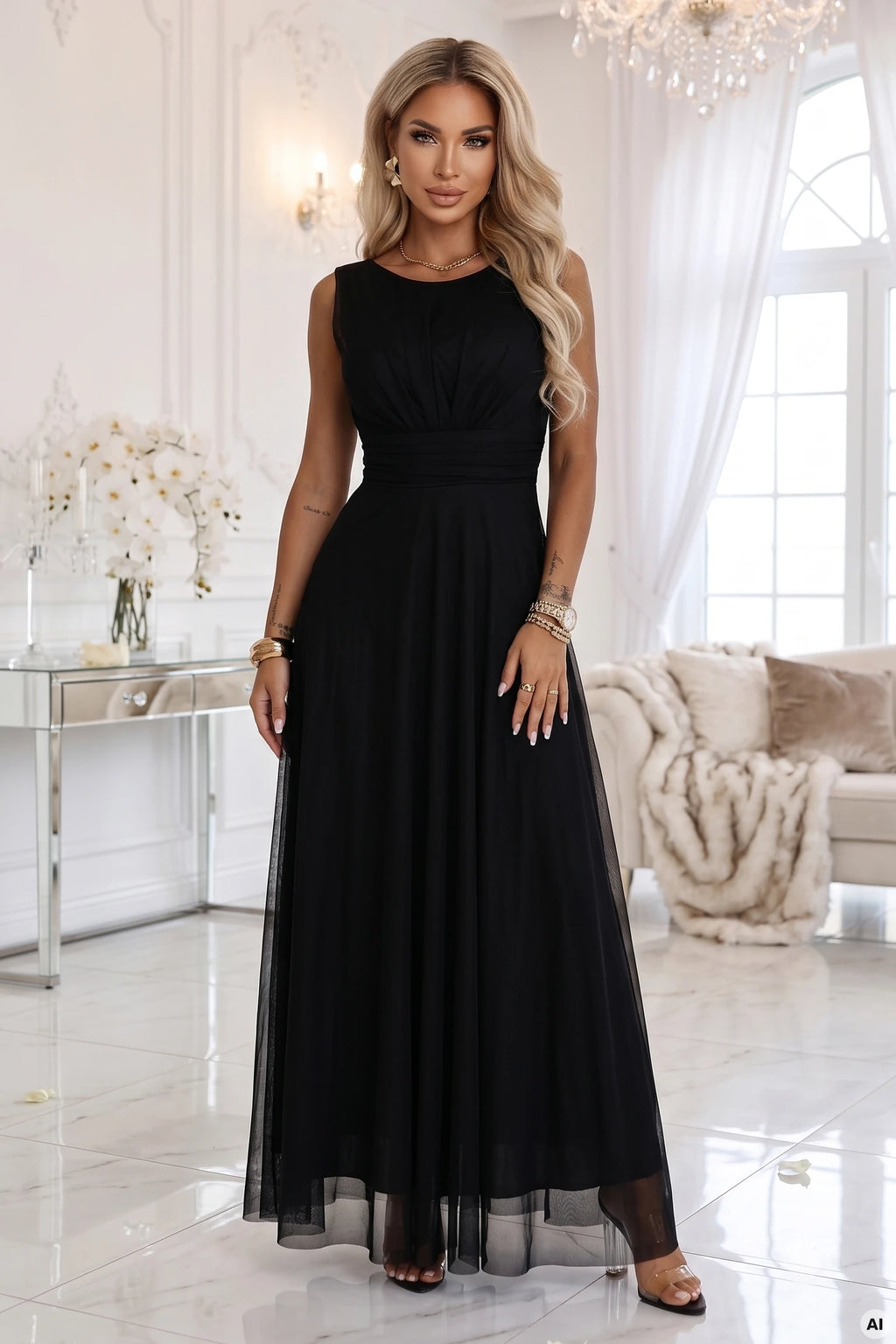 678-3 ELIRA Rochie maxi lungă din tul cu decolteu rotund - negru