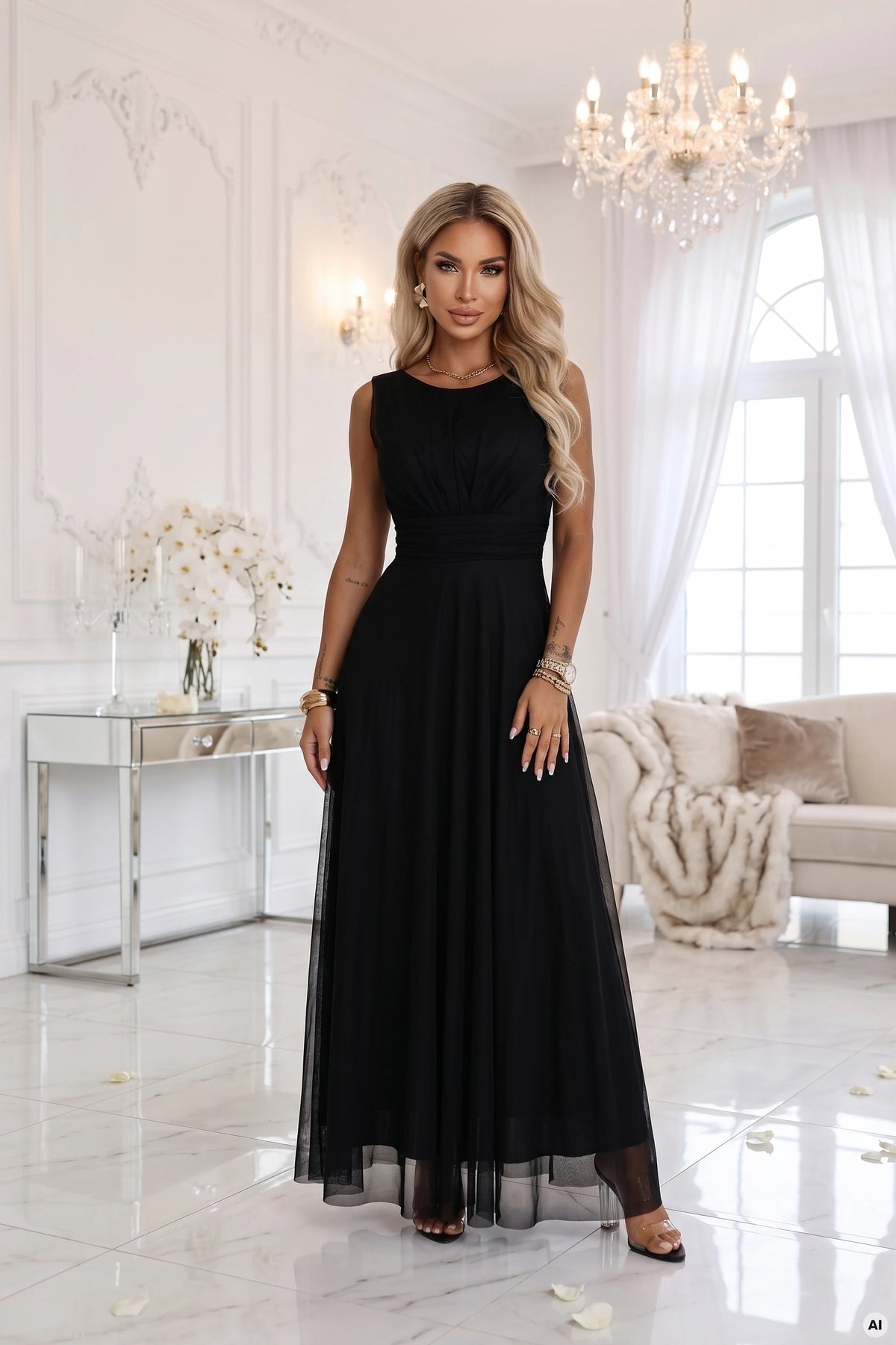 678-3 ELIRA Rochie maxi lungă din tul cu decolteu rotund - negru