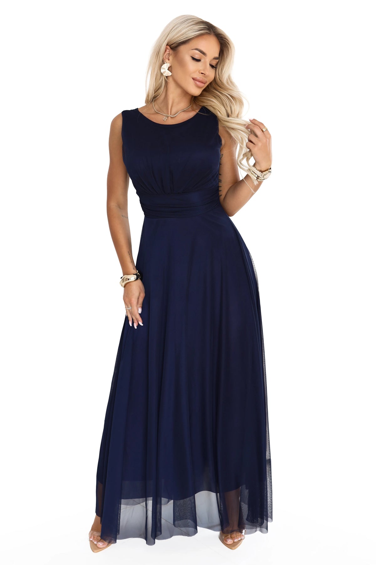 678-4 ELIRA Rochie maxi lungă din tul cu decolteu rotund - bleumarin