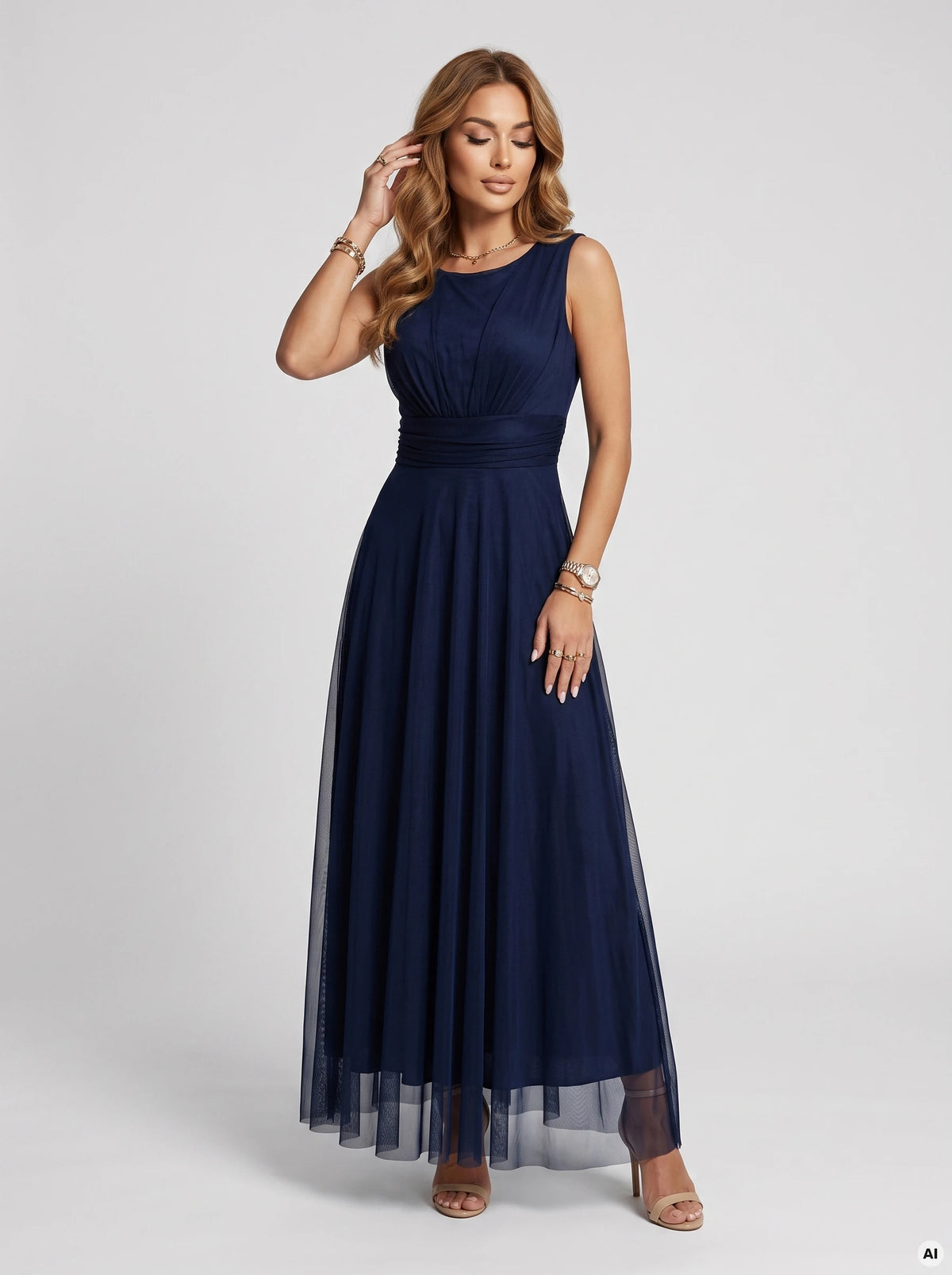 678-4 ELIRA Rochie maxi lungă din tul cu decolteu rotund - bleumarin