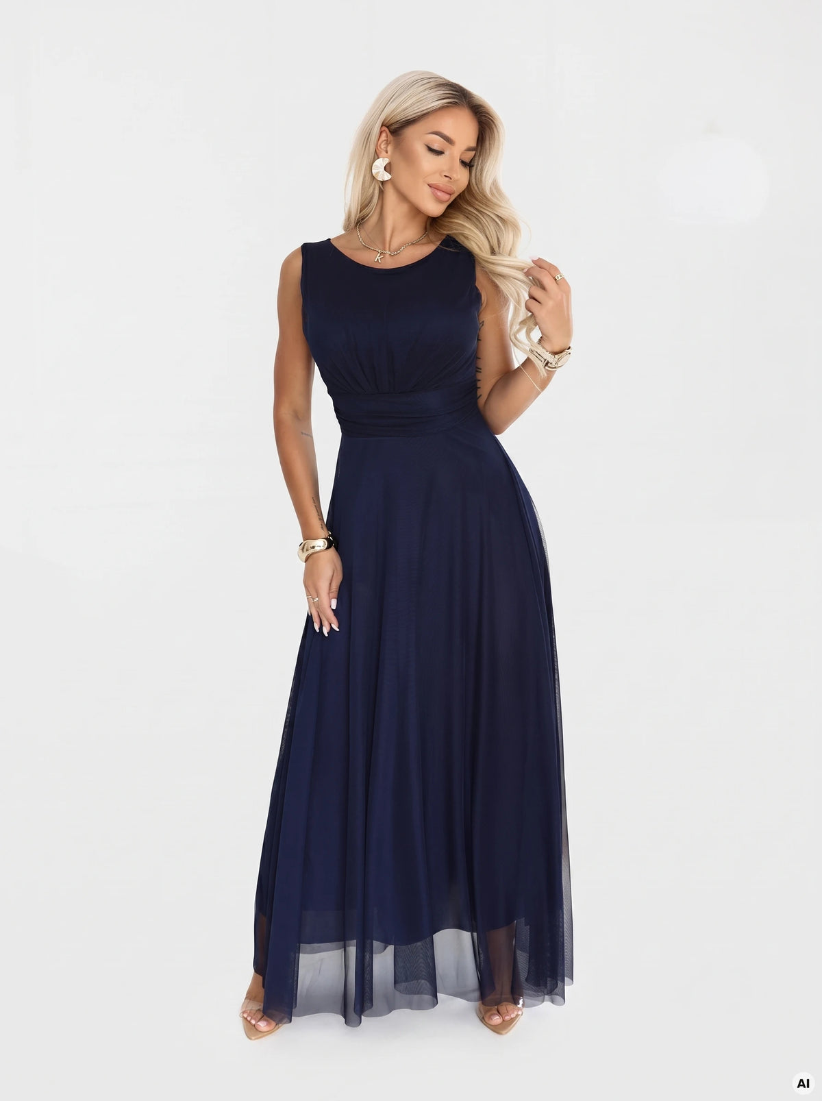 678-4 ELIRA Rochie maxi lungă din tul cu decolteu rotund - bleumarin