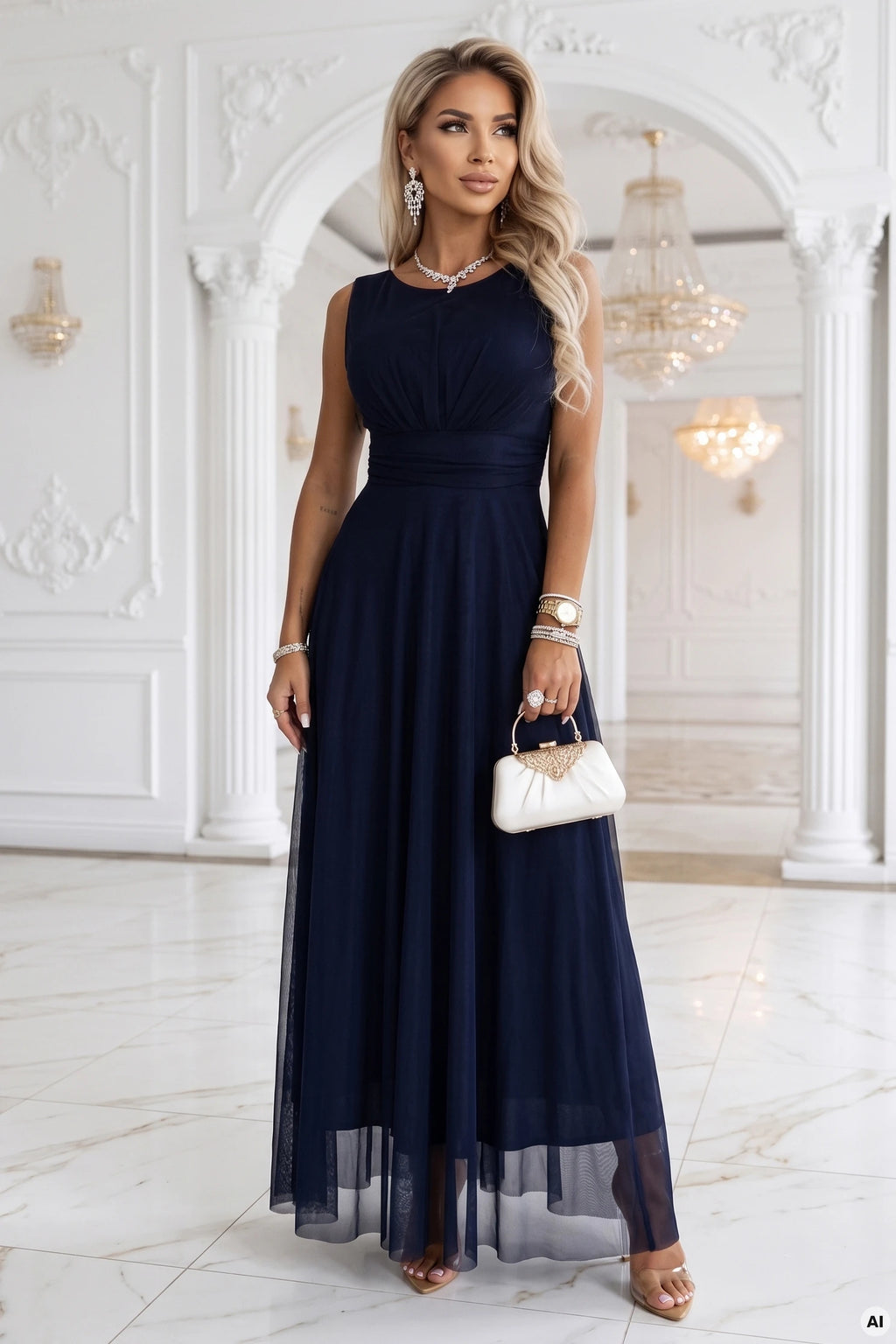 678-4 ELIRA Rochie maxi lungă din tul cu decolteu rotund - bleumarin