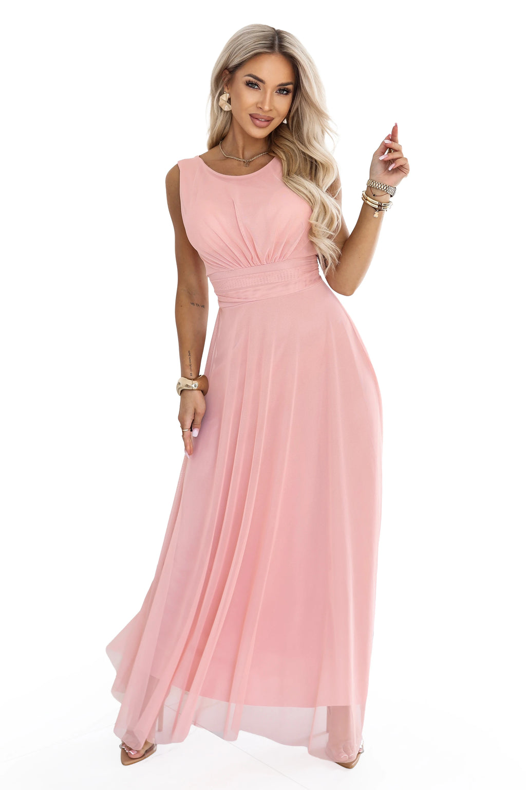 678-5 ELIRA Rochie maxi lungă din tul cu decolteu rotund - roz pudrat
