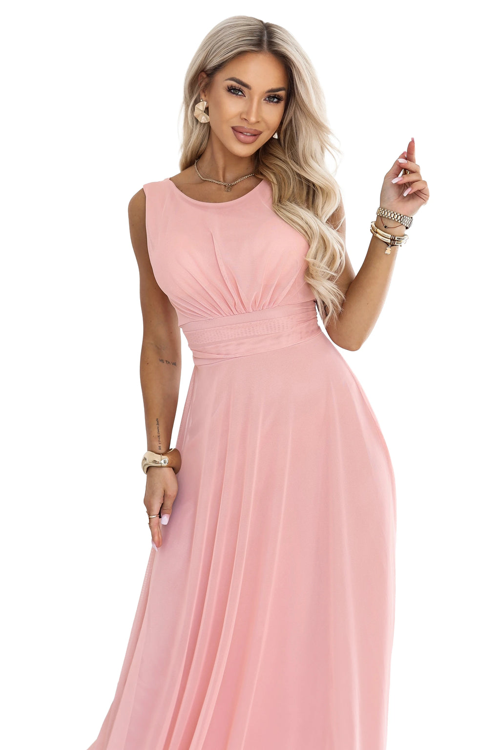 678-5 ELIRA Rochie maxi lungă din tul cu decolteu rotund - roz pudrat