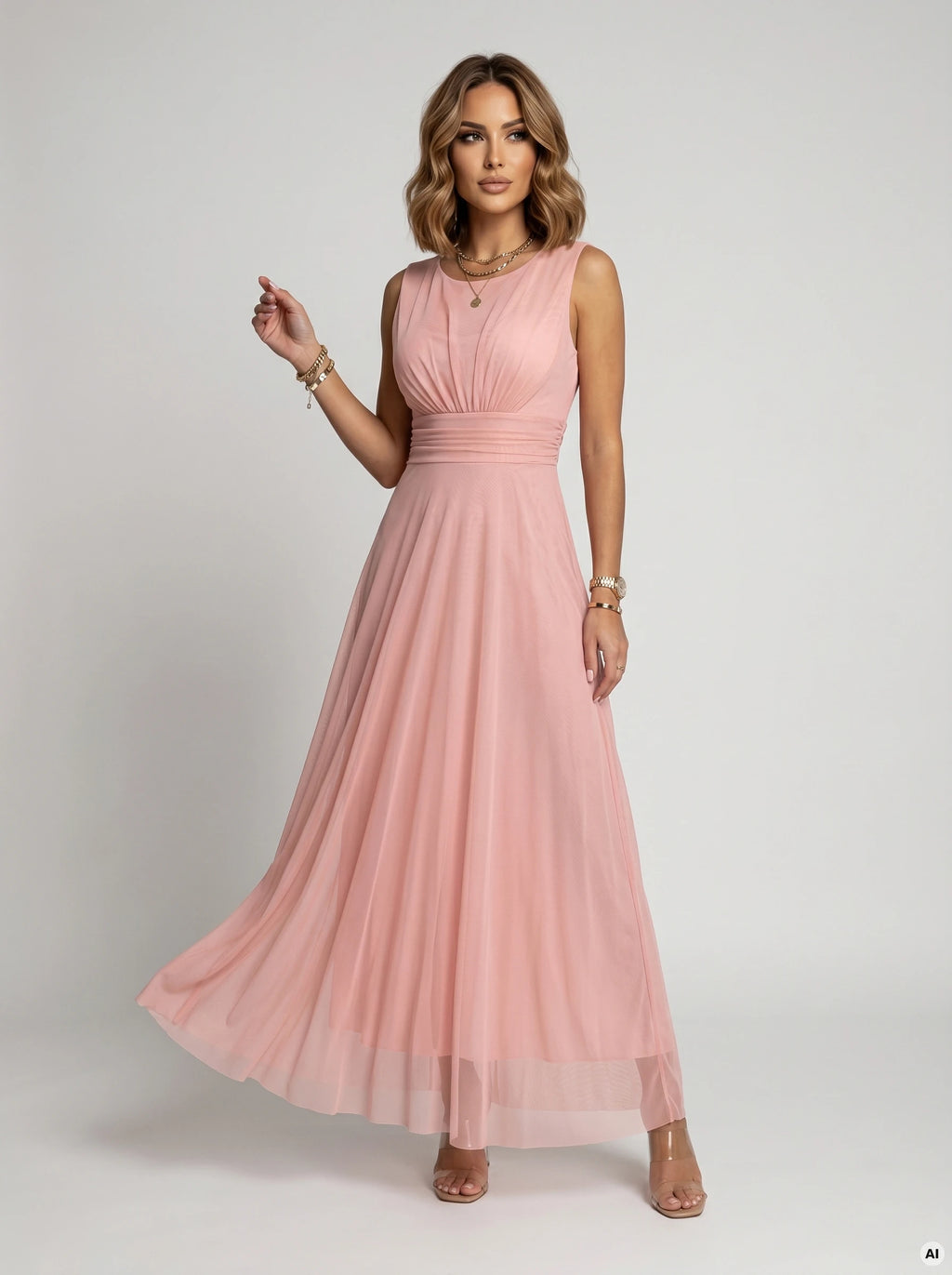678-5 ELIRA Rochie maxi lungă din tul cu decolteu rotund - roz pudrat