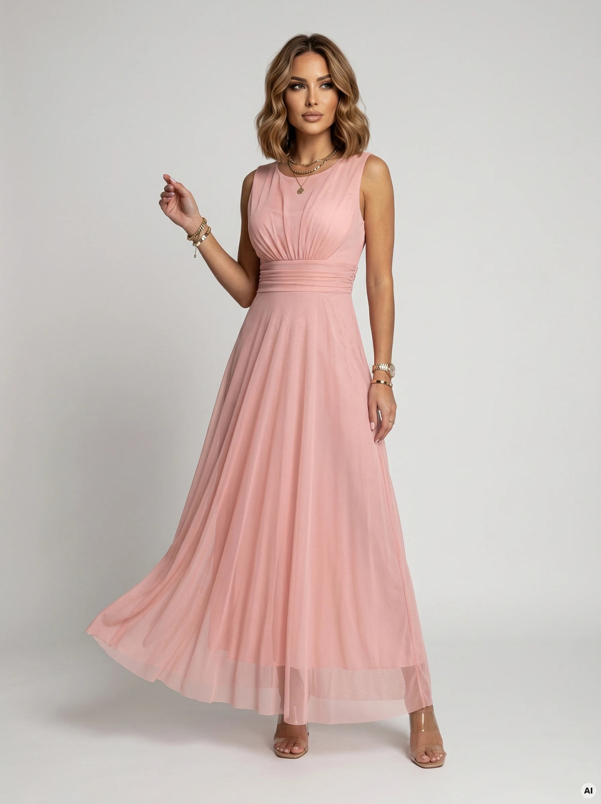 678-5 ELIRA Rochie maxi lungă din tul cu decolteu rotund - roz pudrat