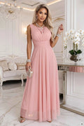 678-5 ELIRA Rochie maxi lungă din tul cu decolteu rotund - roz pudrat