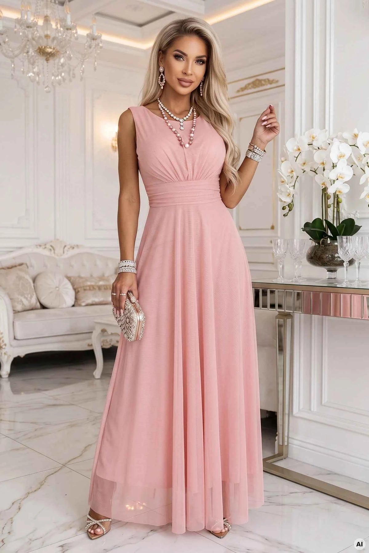 678-5 ELIRA Rochie maxi lungă din tul cu decolteu rotund - roz pudrat