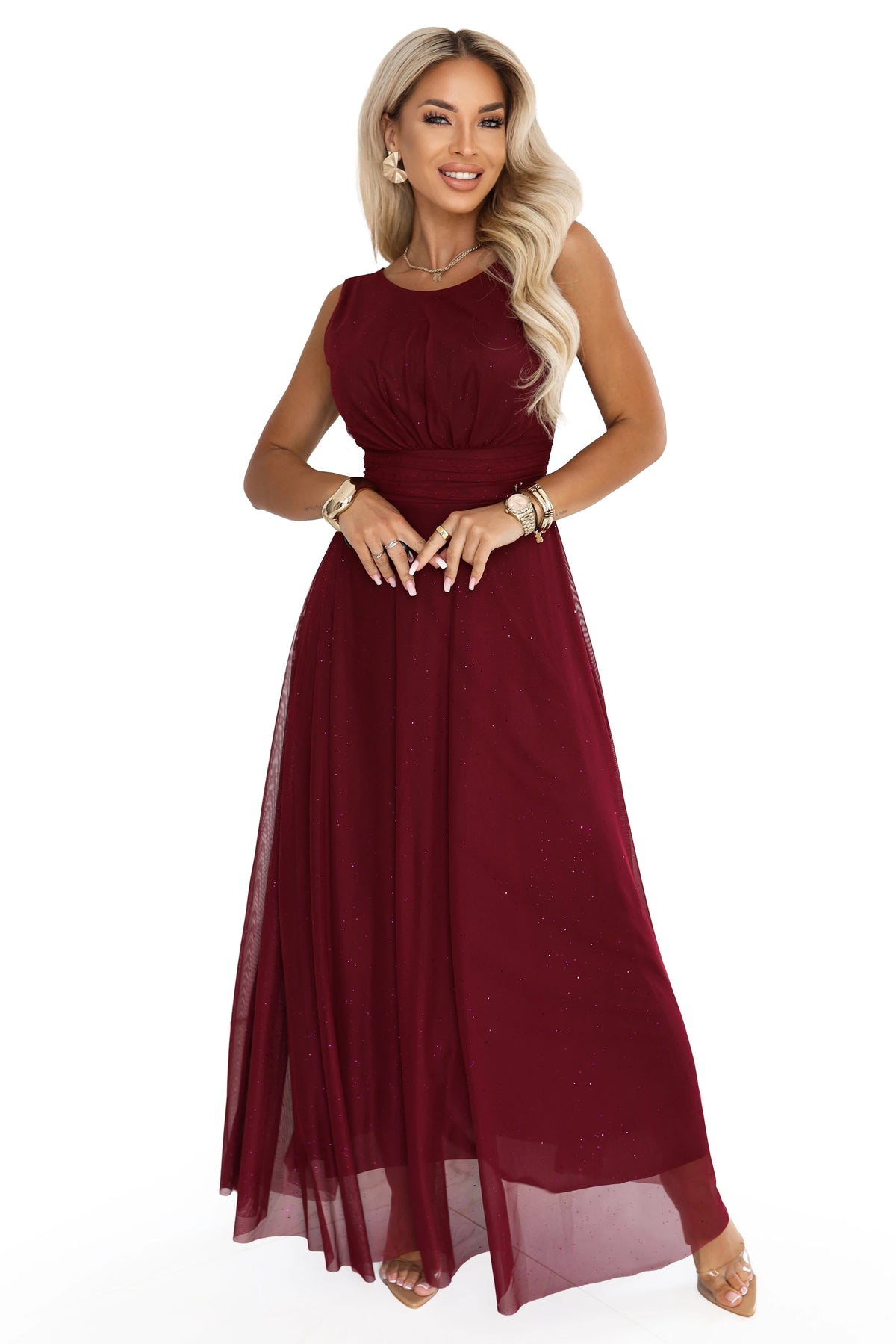 679-1 AVELINE Rochie maxi lungă din tul cu sclipici și decolteu rotund - bordo