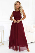 679-1 AVELINE Rochie maxi lungă din tul cu sclipici și decolteu rotund - bordo