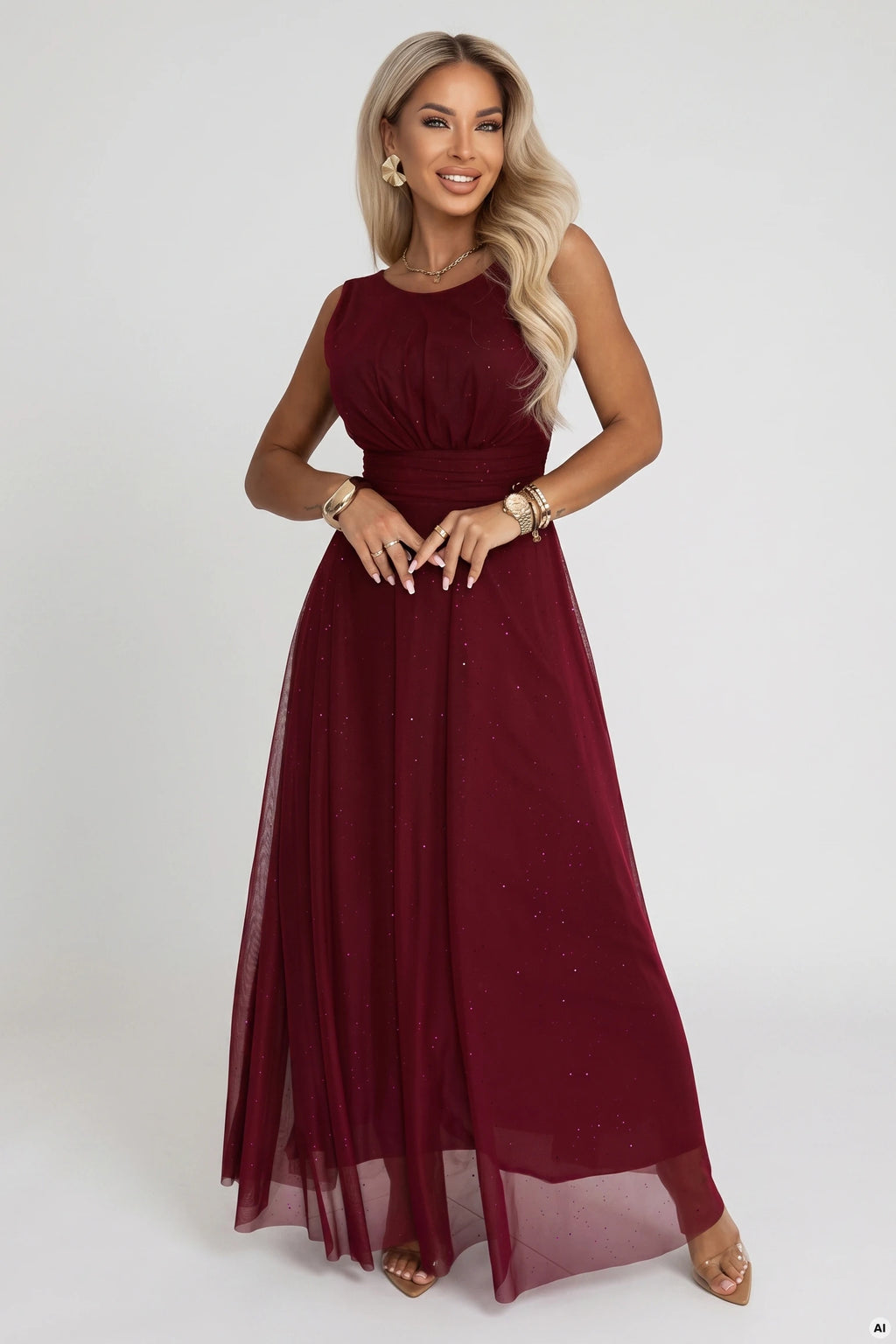 679-1 AVELINE Rochie maxi lungă din tul cu sclipici și decolteu rotund - bordo
