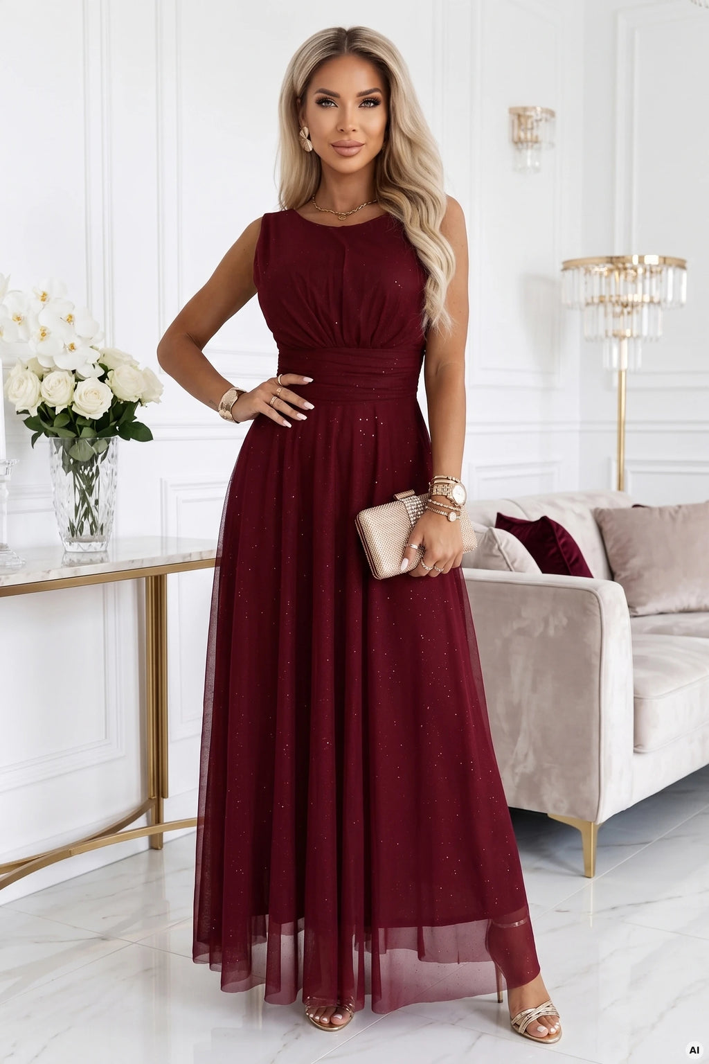 679-1 AVELINE Rochie maxi lungă din tul cu sclipici și decolteu rotund - bordo