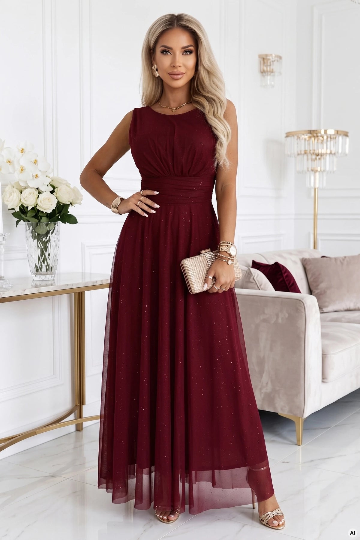 679-1 AVELINE Rochie maxi lungă din tul cu sclipici și decolteu rotund - bordo