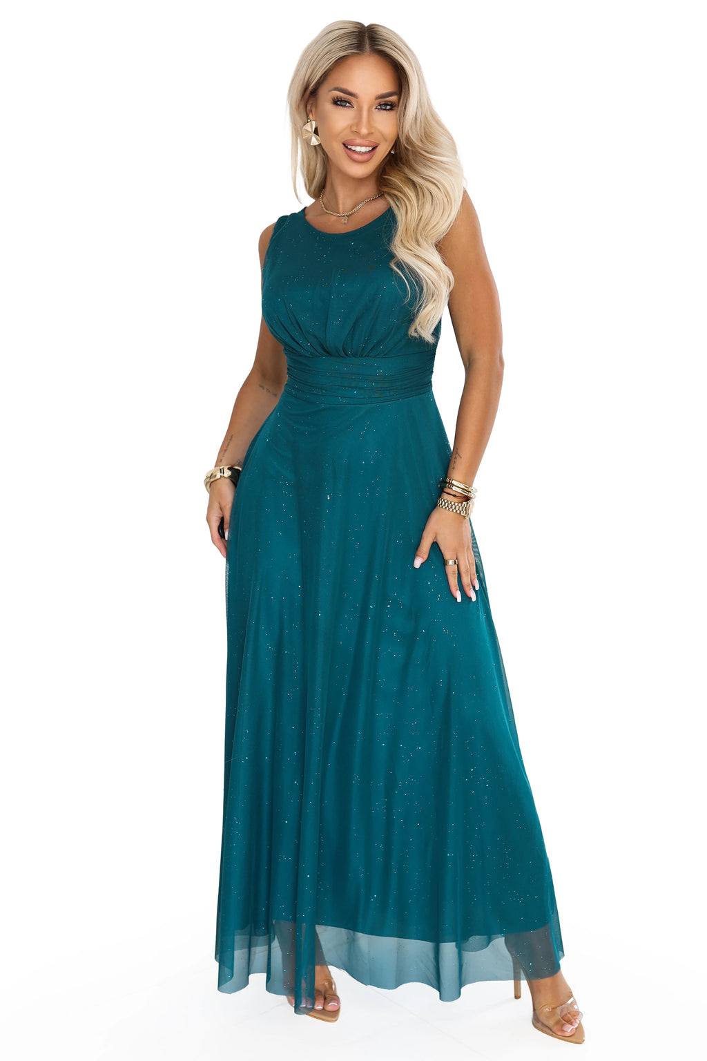 679-2 AVELINE Rochie maxi lungă cu tul cu sclipici și decolteu rotund - verde marin