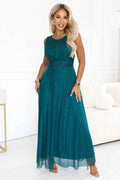 679-2 AVELINE Rochie maxi lungă cu tul cu sclipici și decolteu rotund - verde marin
