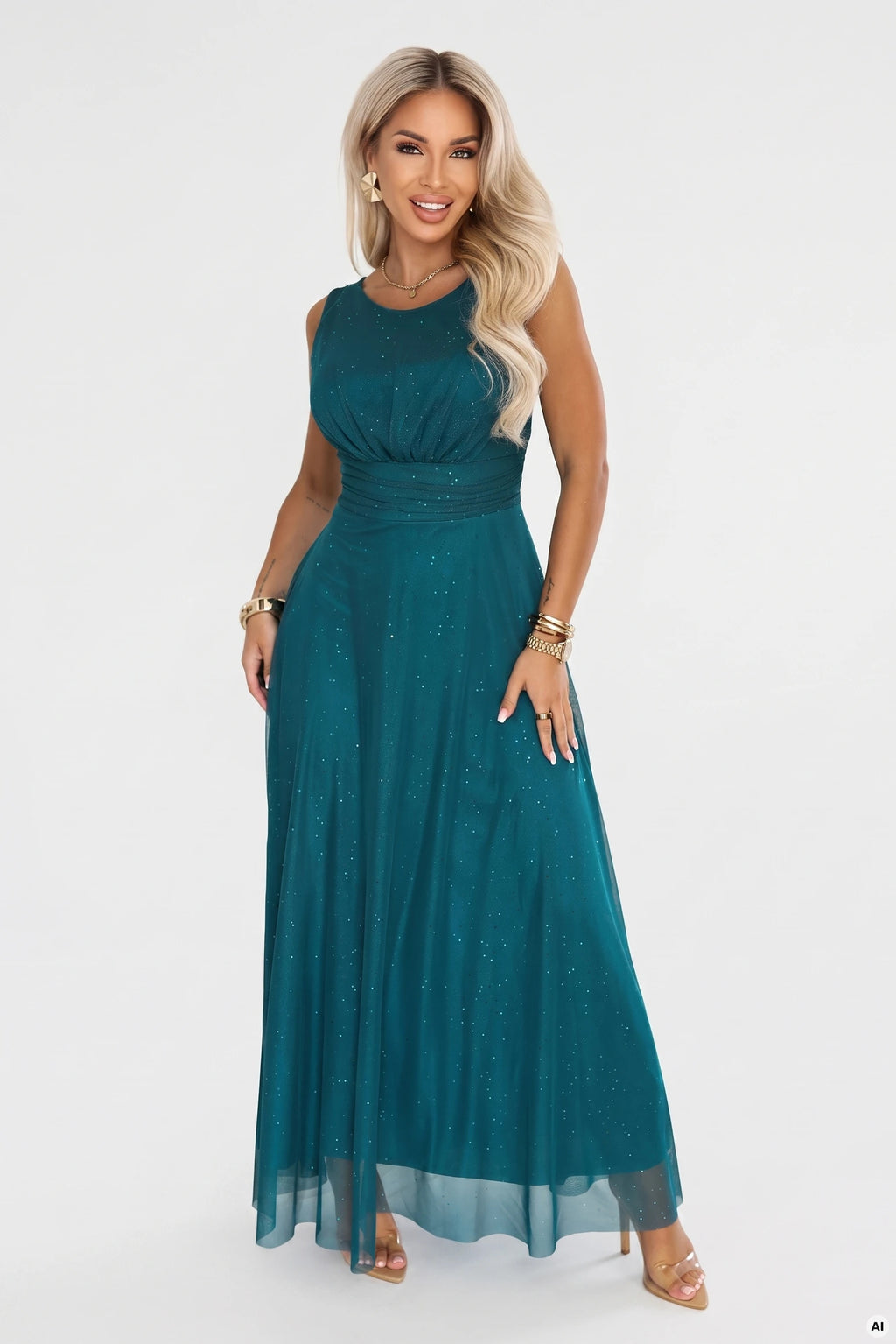 679-2 AVELINE Rochie maxi lungă cu tul cu sclipici și decolteu rotund - verde marin