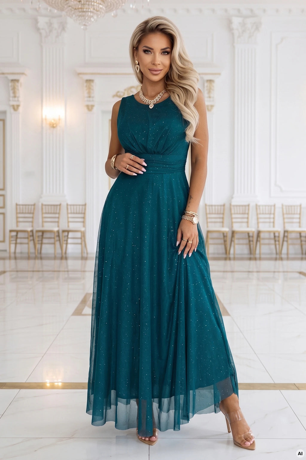 679-2 AVELINE Rochie maxi lungă cu tul cu sclipici și decolteu rotund - verde marin