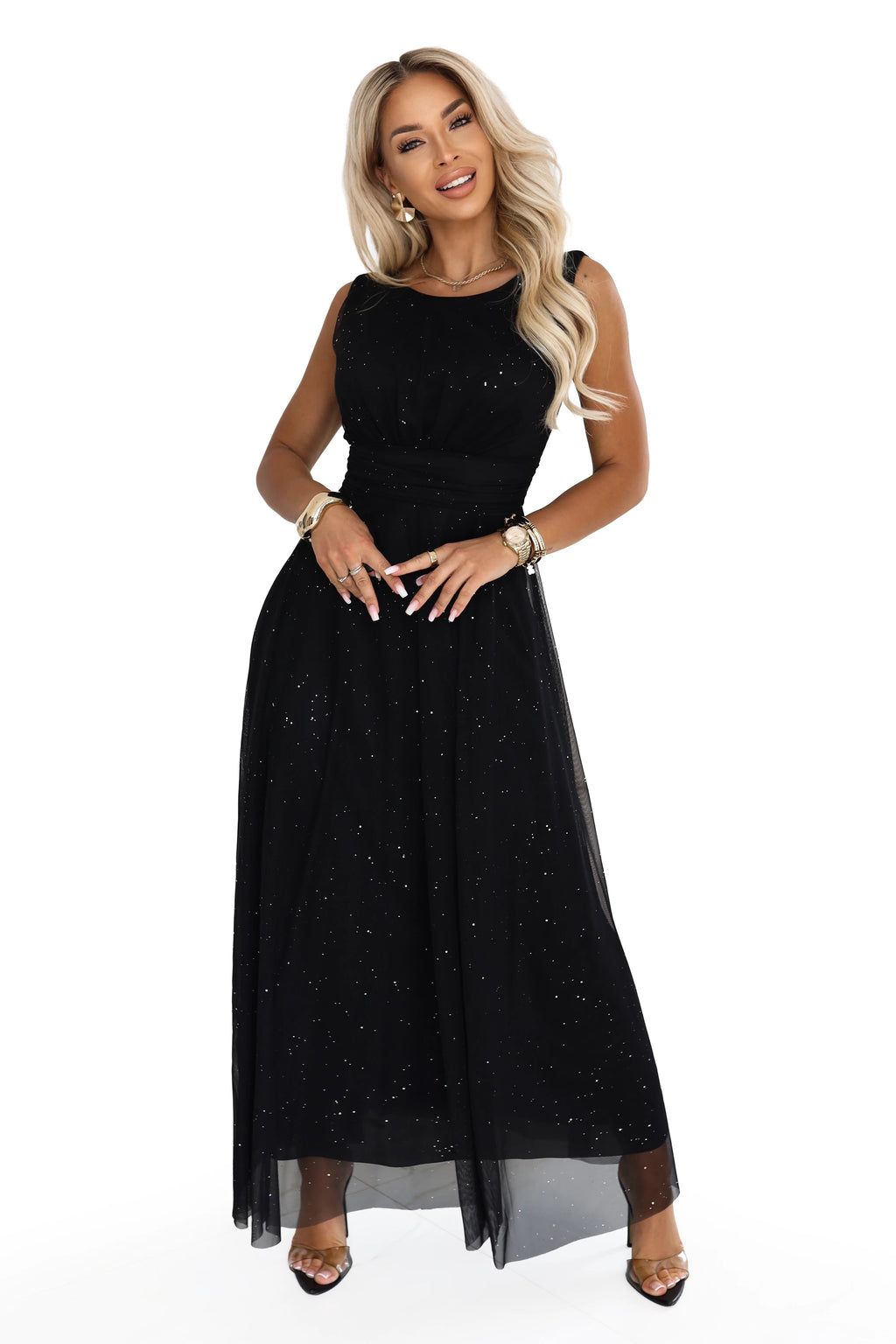 679-4 AVELINE Rochie maxi lungă din tul cu sclipici și decolteu rotund - negru