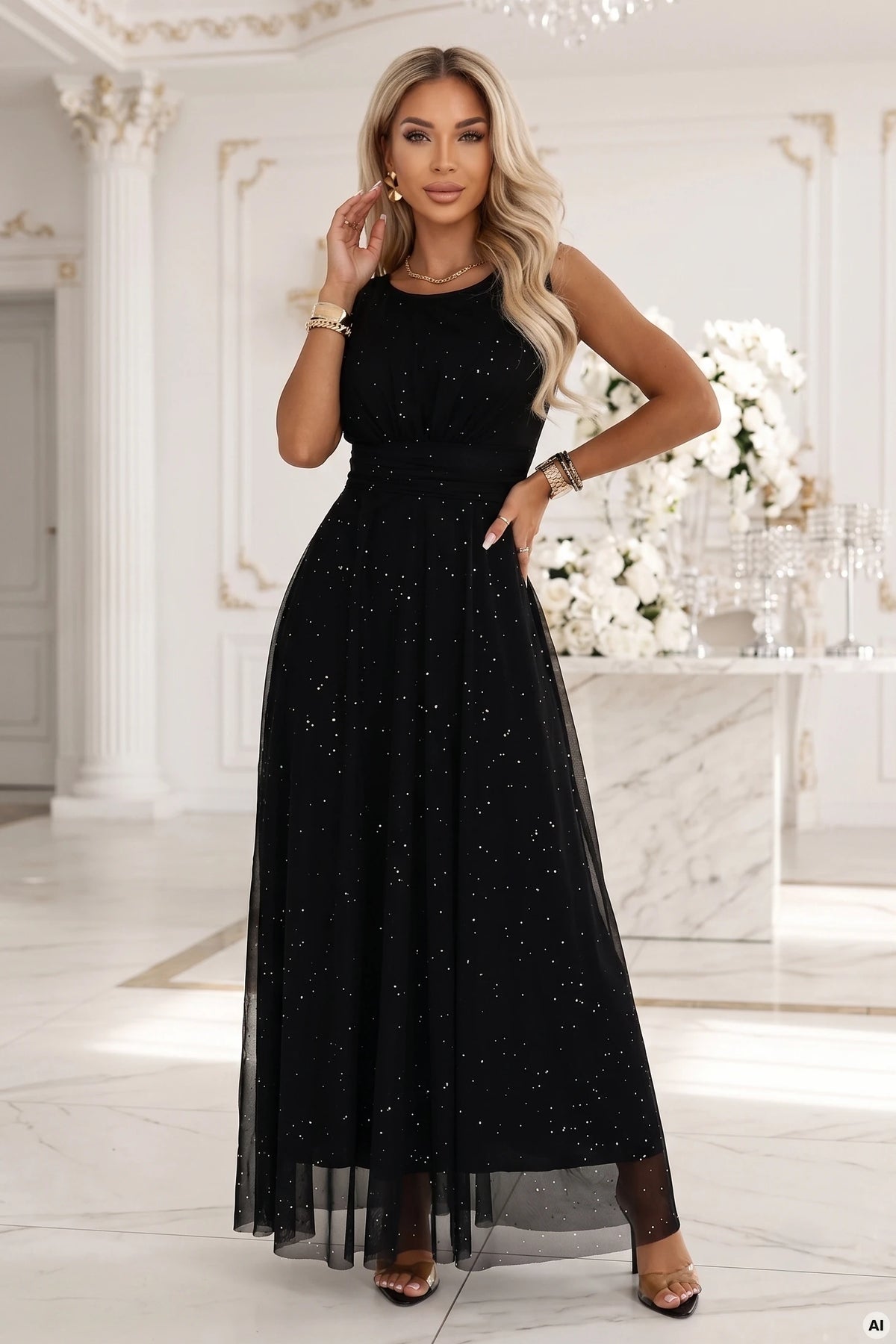 679-4 AVELINE Rochie maxi lungă din tul cu sclipici și decolteu rotund - negru