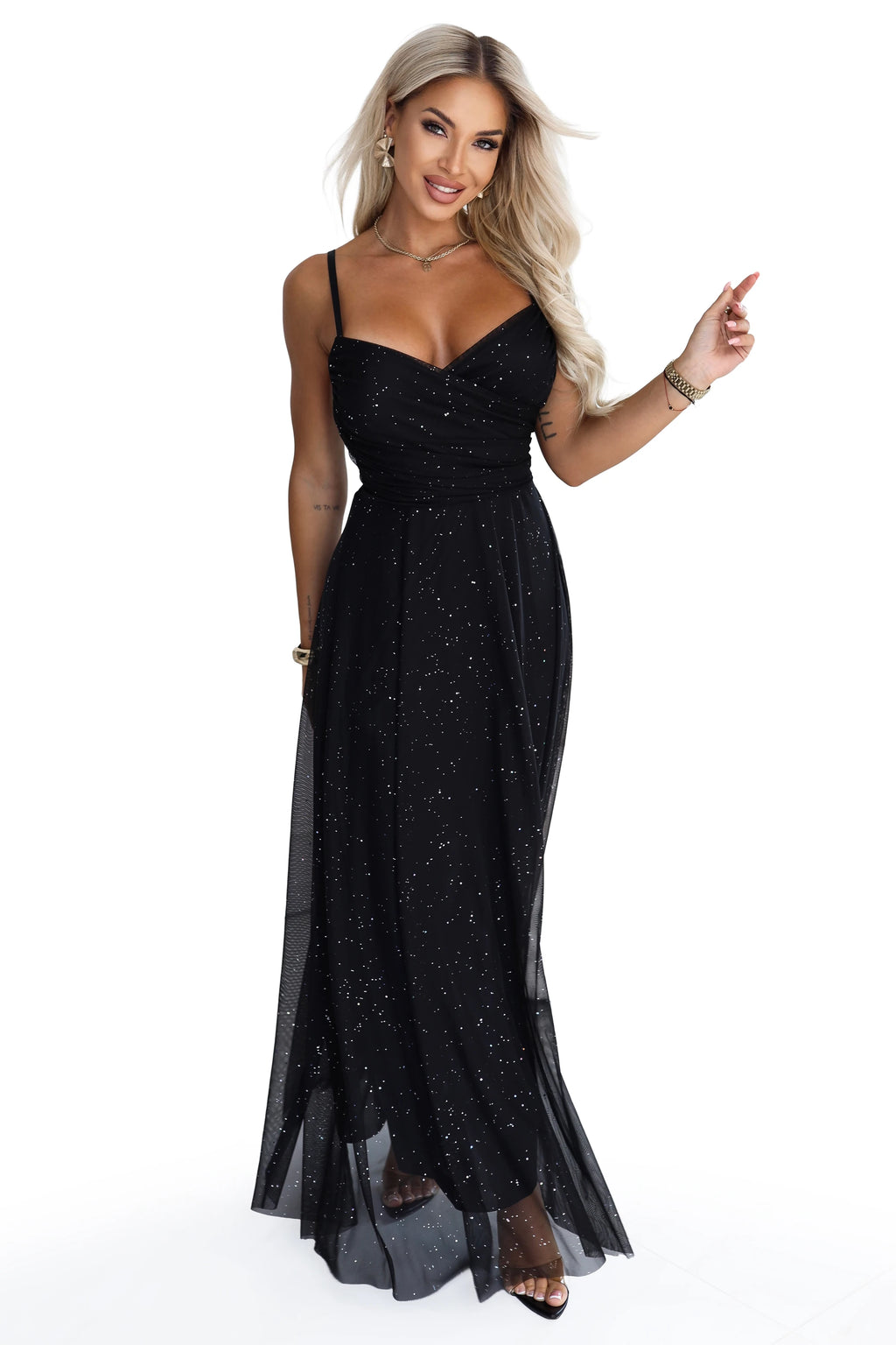 680-1 Rochie maxi cu sclipici, cu bretele și decolteu petrecut - negru