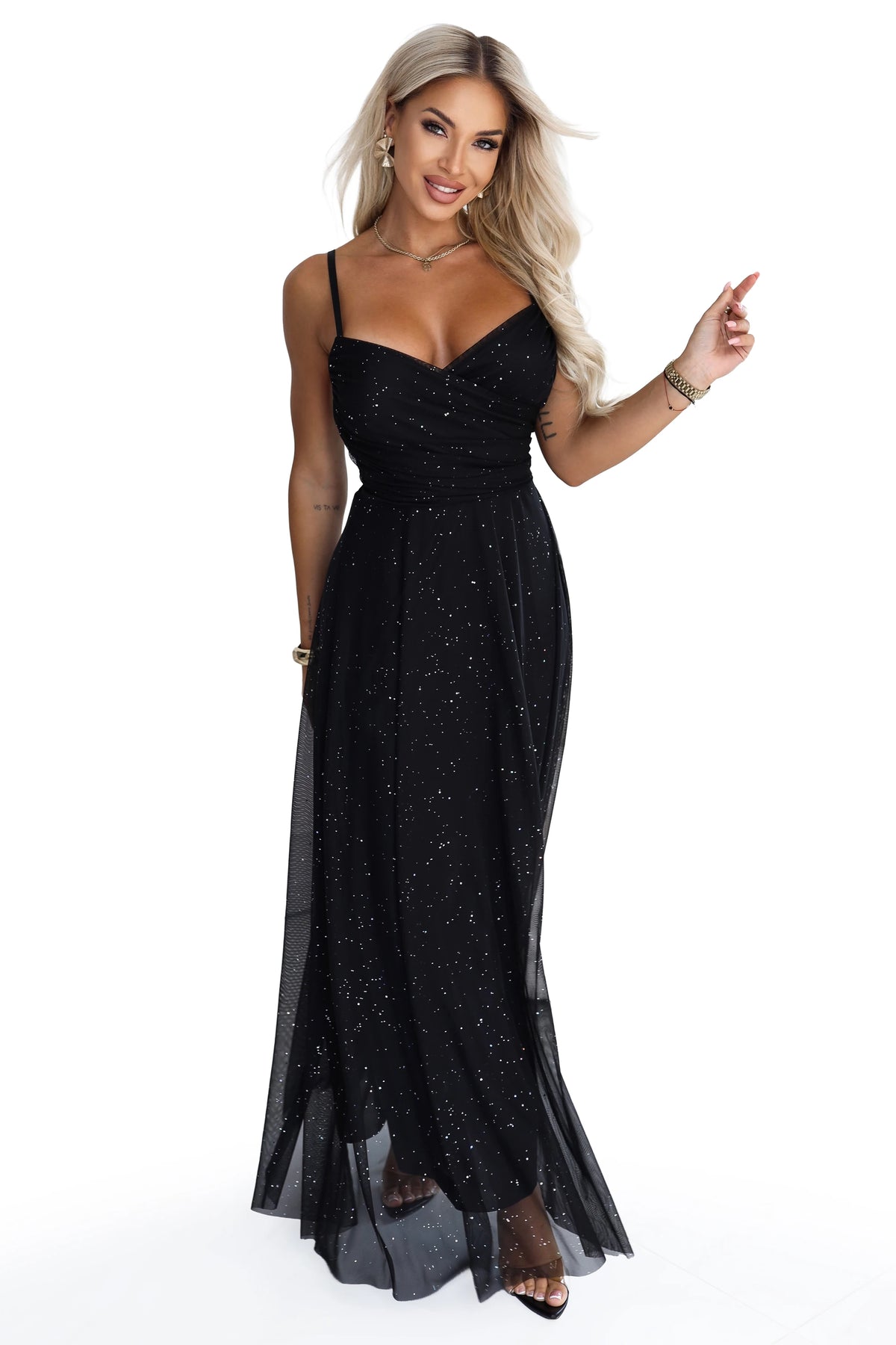 680-1 Rochie maxi cu sclipici, cu bretele și decolteu petrecut - negru