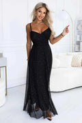 680-1 Rochie maxi cu sclipici, cu bretele și decolteu petrecut - negru