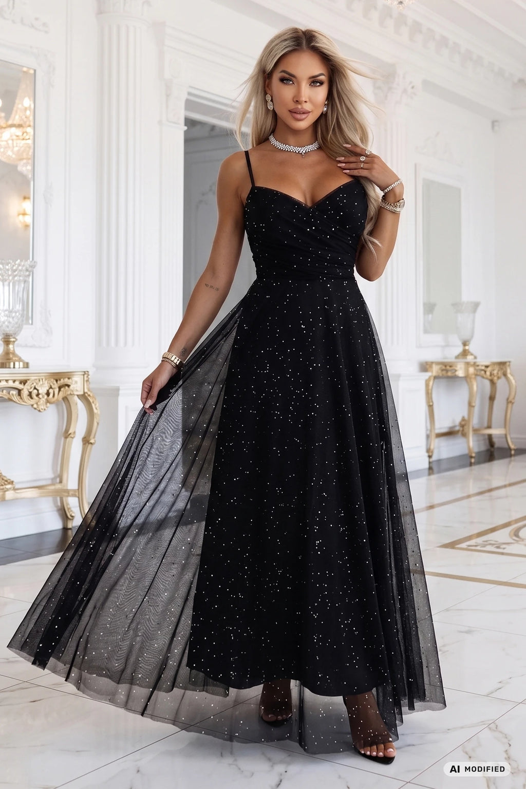 680-1 Rochie maxi cu sclipici, cu bretele și decolteu petrecut - negru