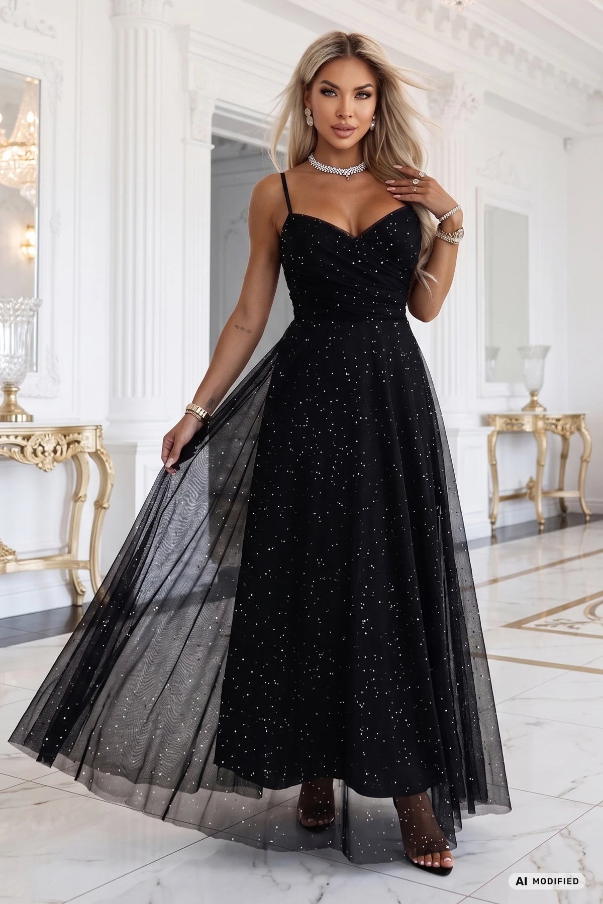 680-1 Rochie maxi cu sclipici, cu bretele și decolteu petrecut - negru