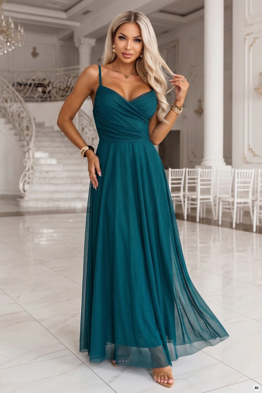 681-1 NILA Rochie maxi din tul cu bretele și decolteu petrecut - verde