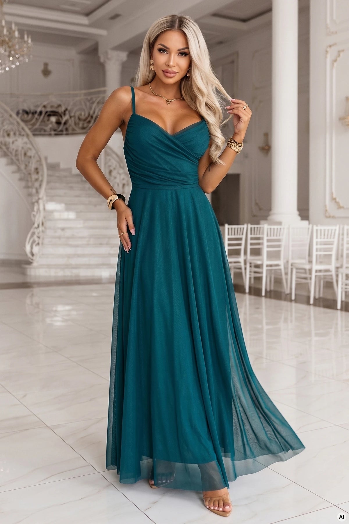 681-1 NILA Rochie maxi din tul cu bretele și decolteu petrecut - verde