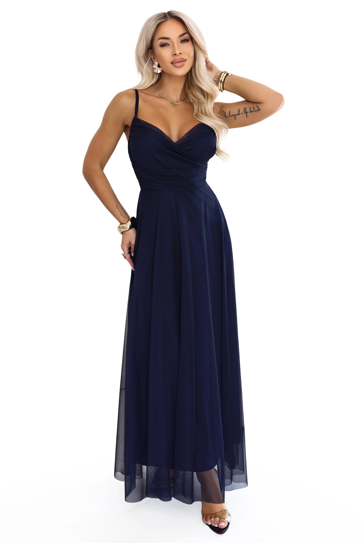 681-2 NILA Rochie maxi din tul pe bretele cu decolteu plic - bleumarin