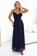 681-2 NILA Rochie maxi din tul pe bretele cu decolteu plic - bleumarin