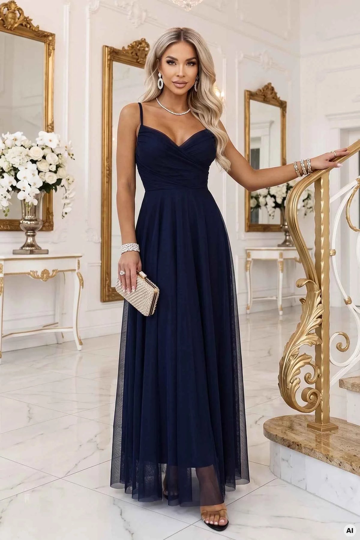681-2 NILA Rochie maxi din tul pe bretele cu decolteu plic - bleumarin