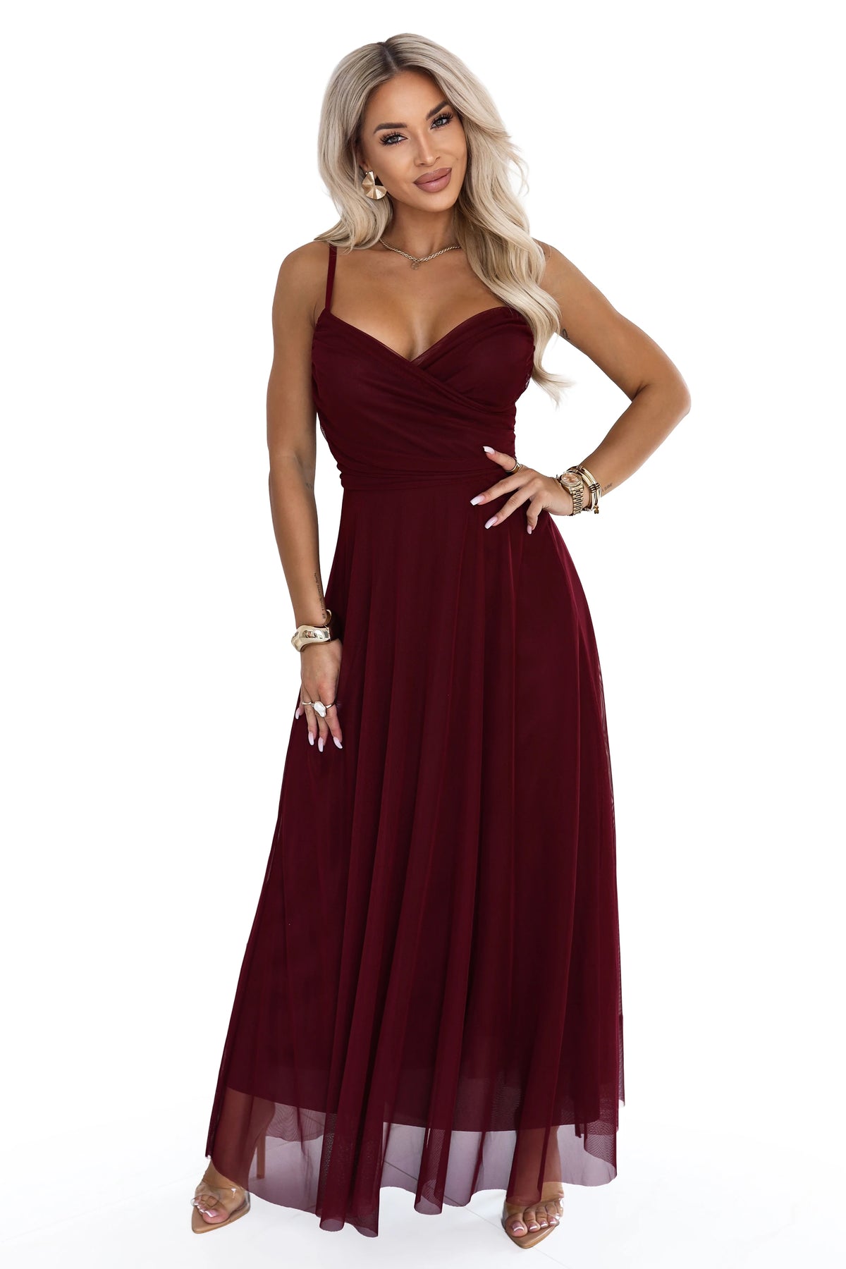 681-3 NILA Rochie maxi din tul pe bretele cu decolteu plic - bordo